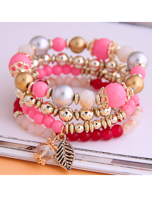 Fashion Pink Crystal Bead Alloy Leaf Multi-layer Bracelet