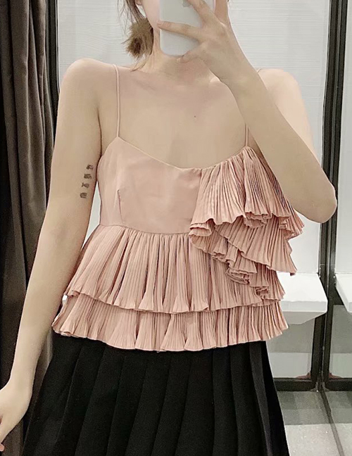 Fashion Pink Small Pleated Camisole With Stacked Ruffles
