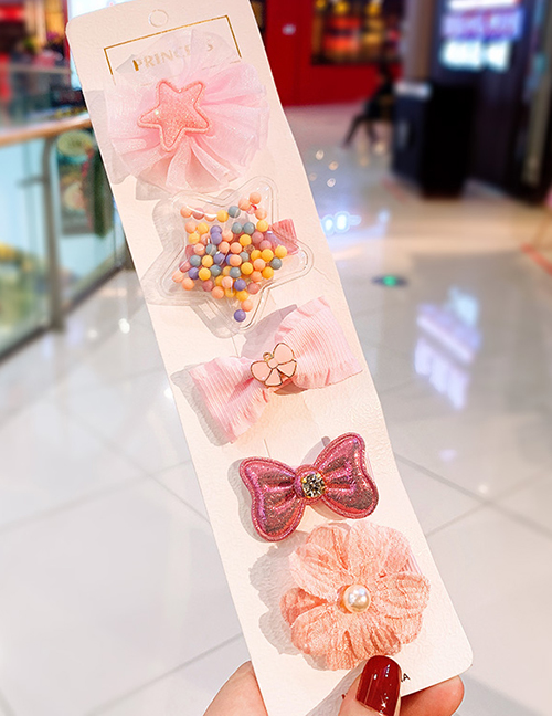Fashion Pink Bow Flower Pearl Tassel Pentagram Children Hair Clip Set