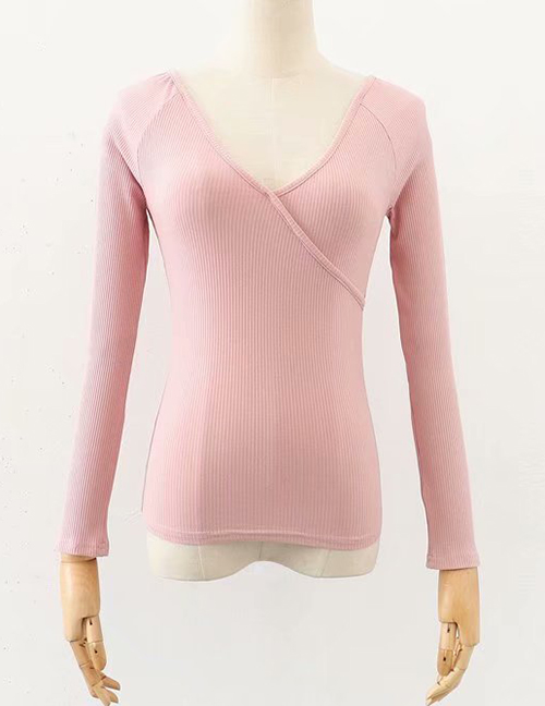 Fashion Pink V-neck Long Sleeve T-shirt