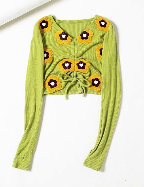 Fashion Fruit Green V-neck Drawstring Embroidered Flower Short Sweater