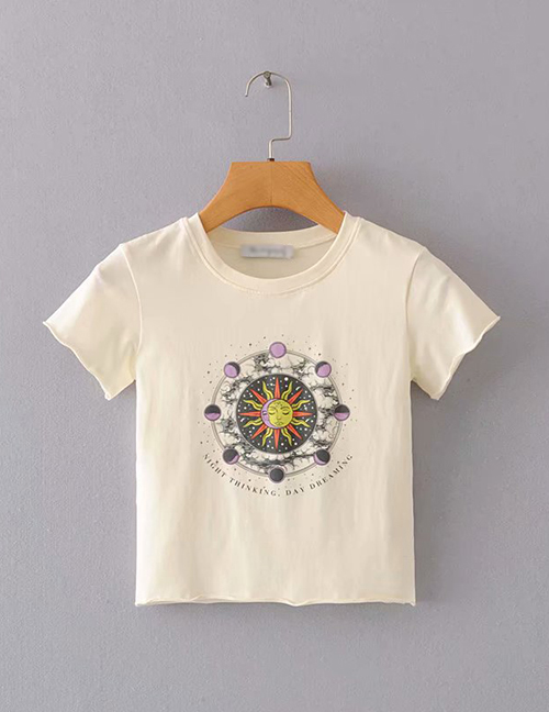 Fashion Beige Flower Print Short Sleeve T-shirt