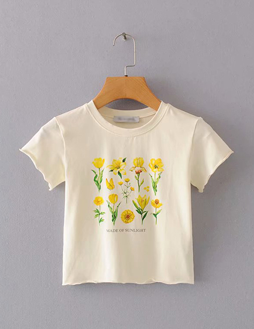 Fashion Beige Floral Print Round Neck Short Sleeve T-shirt