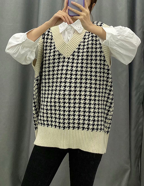 Fashion White Contrast Houndstooth Knit Sweater