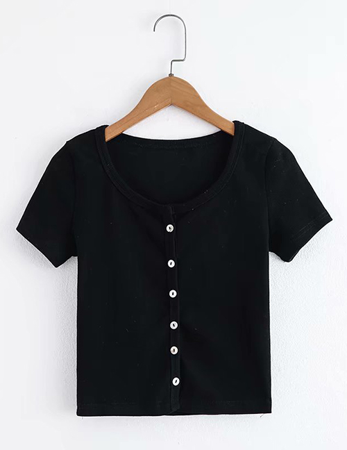 Fashion Black Multi-button Round Neck Cardigan T-shirt