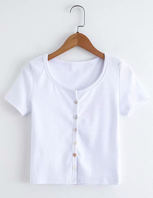 Fashion White Multi-button Round Neck Cardigan T-shirt