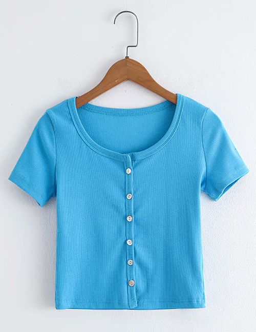 Fashion Blue Multi-button Round Neck Cardigan T-shirt