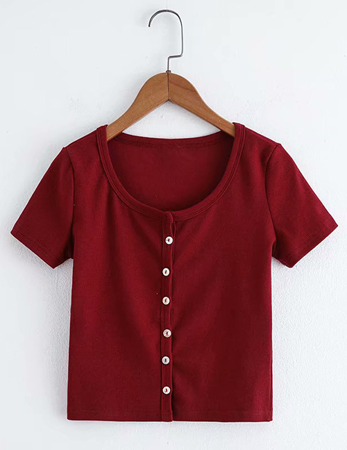 Fashion Wine Red Multi-button Round Neck Cardigan T-shirt