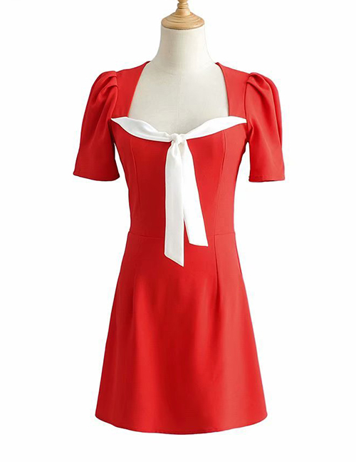 Fashion Red Colorblock Square Collar Backless Lace Dress