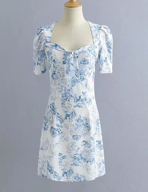 Fashion Blue Flower On White Colorblock Square Collar Backless Lace Dress