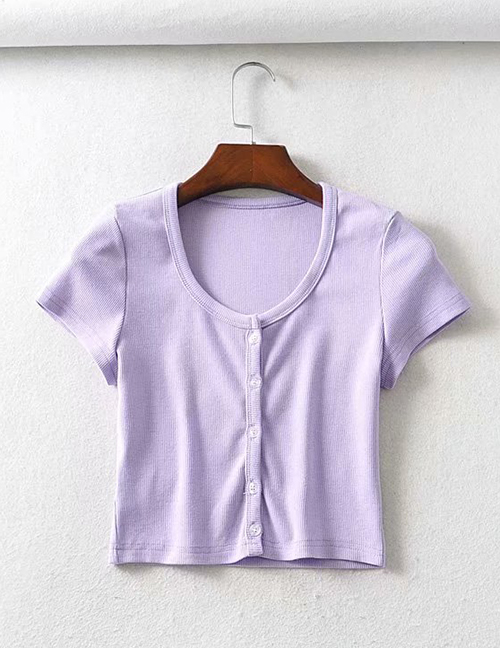 Fashion Purple Single-breasted Crew Neck T-shirt