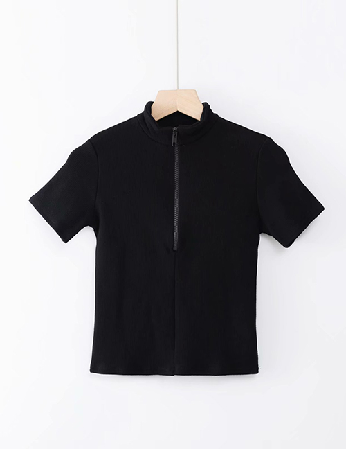 Fashion Black Half Turtleneck Zip T-shirt