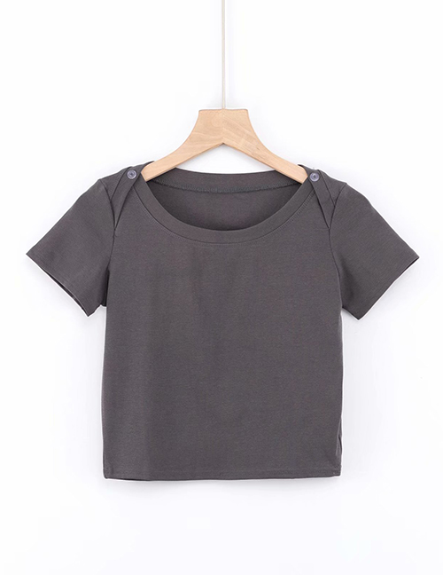 Fashion Gray Short-sleeved T-shirt With Shoulder Buttons