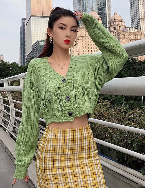 Fashion Grey-green Short Twist Single-breasted Sweater Cardigan