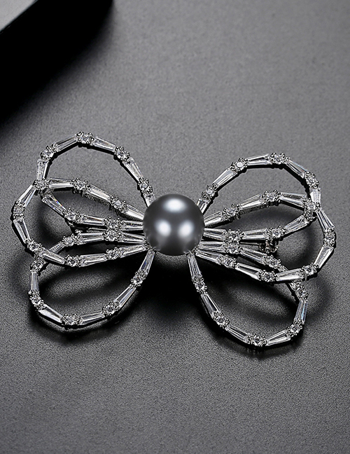 Fashion Platinum Copper Brooch With Zircon Bow And Pearl