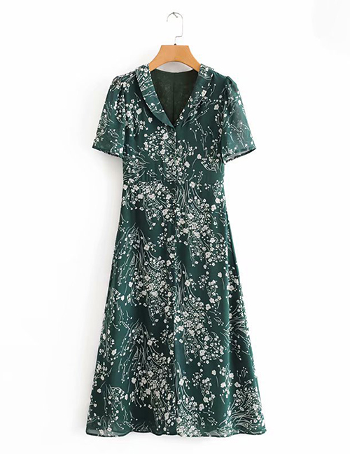 Fashion Green Floral Print Front-breasted Split Dress