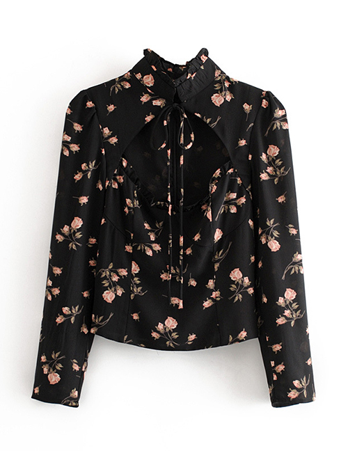 Fashion Black Floral Low-cut Cutout Lace-up Shirt