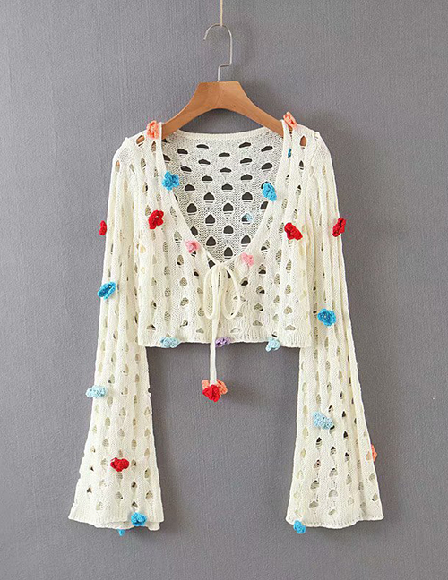 Fashion Off-white Crochet Cutout Stitching Sweater