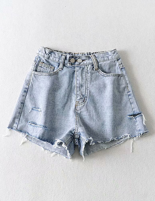 Fashion Blue Washed Ripped Double-button Frayed Denim Shorts