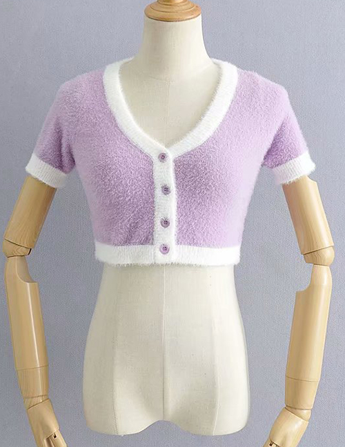 Fashion Purple Mohair Colorblock Cropped Sweater
