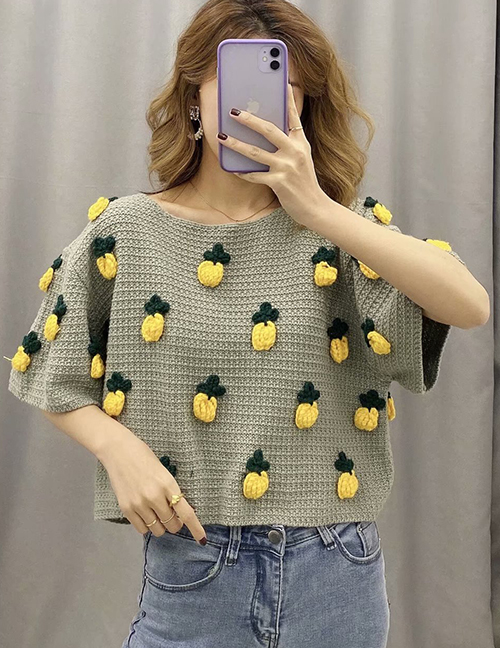 Fashion Grey-green Pineapple Pattern Stitching Pullover Sweater Sweater