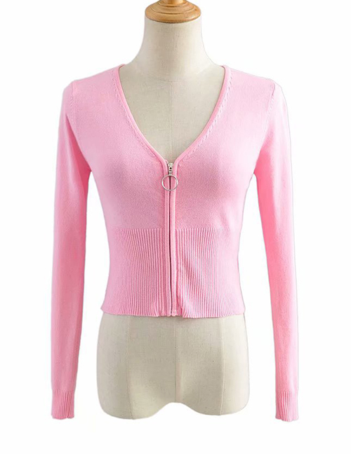 Fashion Light Pink V-neck Zipper Long Sleeve Knit