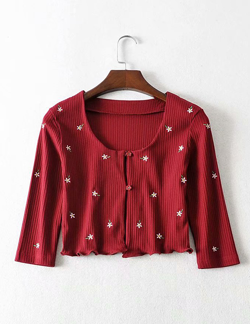 Fashion Claret Floral Embroidered Cropped T-shirt Cardigan
