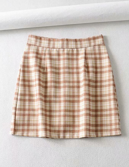 Fashion Khaki Checked Printed Hip Skirt