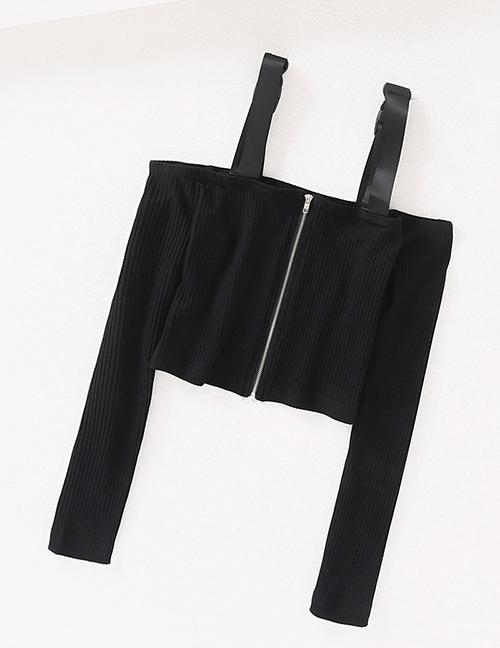 Fashion Black Buckled Shoulder Strap Zip-front Stretch Stretch Navel Top