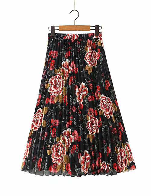 Fashion Red Flower Print Pleated Skirt