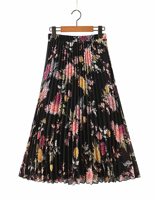 Fashion Black Flower Print Pleated Skirt