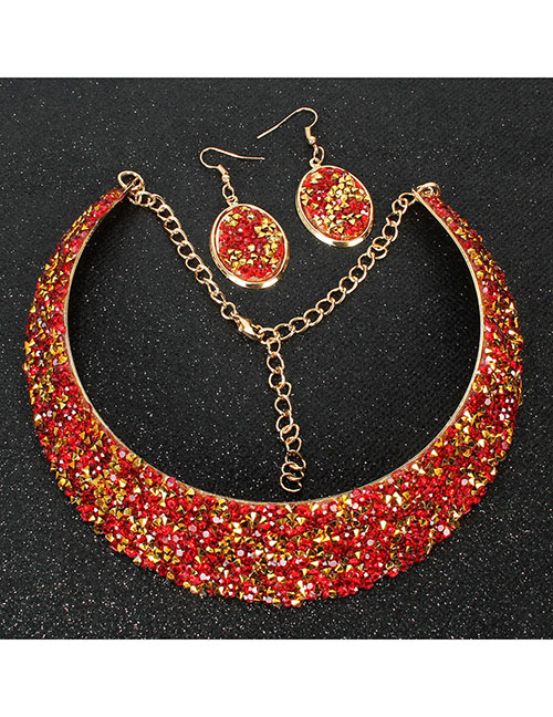 Fashion Red Crystal Metal Fake Collar Necklace Earring Set