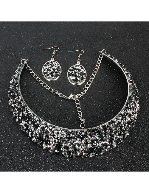 Fashion Black Crystal Metal Fake Collar Necklace Earring Set