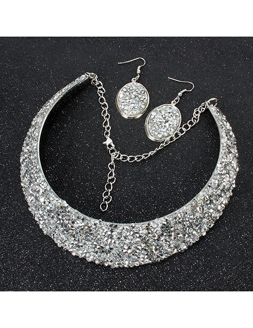 Fashion White Crystal Metal Fake Collar Necklace Earring Set