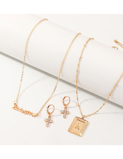 Fashion Golden Diamond Cross Letter Necklace Set