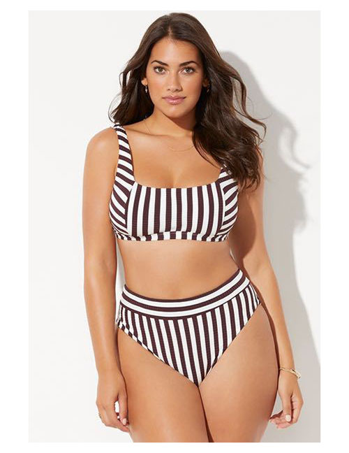 Fashion Black And White Striped Printed Tank Top High Waist Split Swimsuit