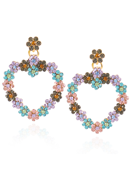 Fashion Blue Purple Love Heart Flower Stud Earrings With Diamonds