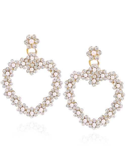 Fashion White Diamond + Pearl Love Heart Flower Stud Earrings With Diamonds