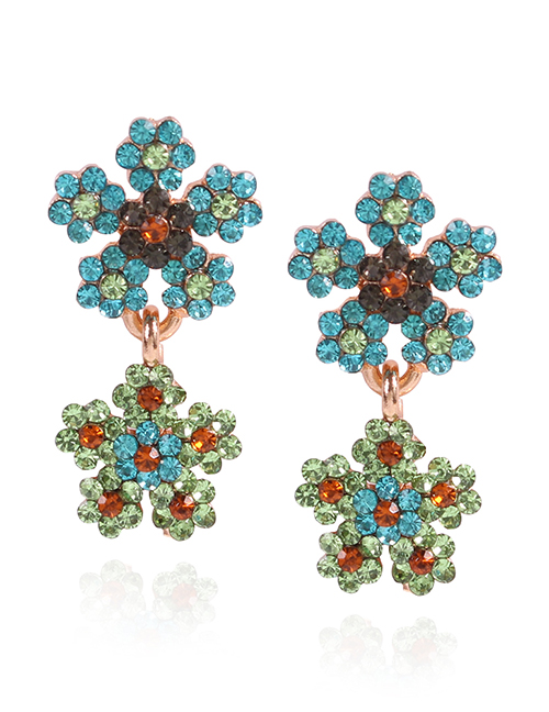 Fashion Blue Alloy Stud Earrings With Diamonds And Flowers