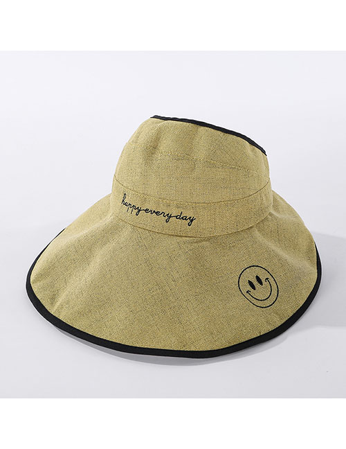 Fashion Yellow Cotton And Linen Embroidered Smiley Big Foldable Hat