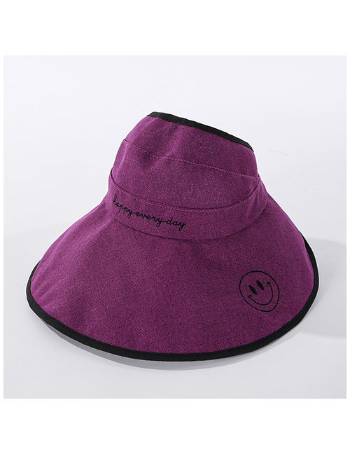 Fashion Purple Cotton And Linen Embroidered Smiley Big Foldable Hat