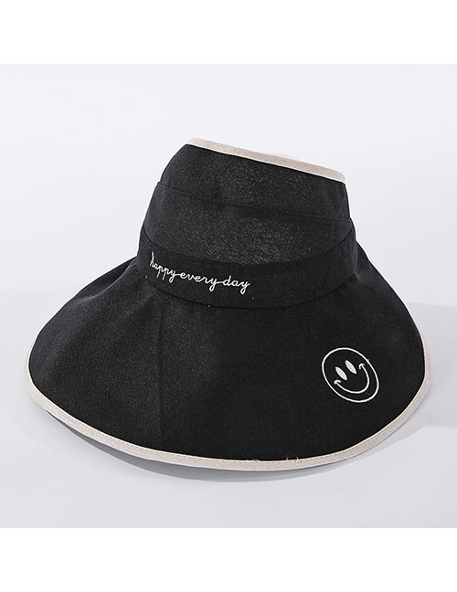 Fashion Black Cotton And Linen Embroidered Smiley Big Foldable Hat