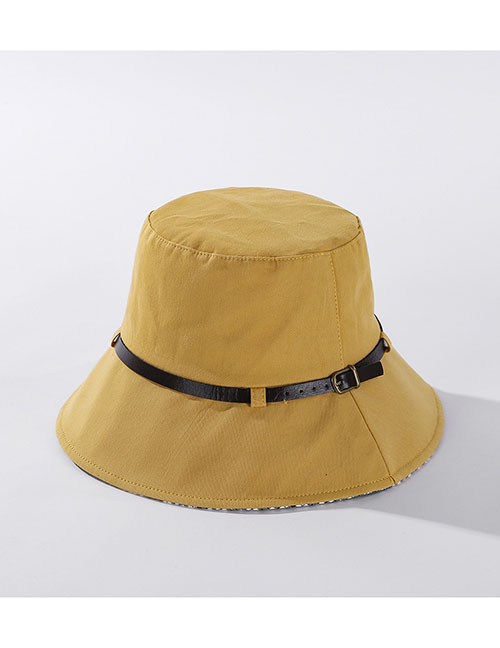Fashion Yellow Solid Color Leather Trimmed Plaid Fisherman Hat