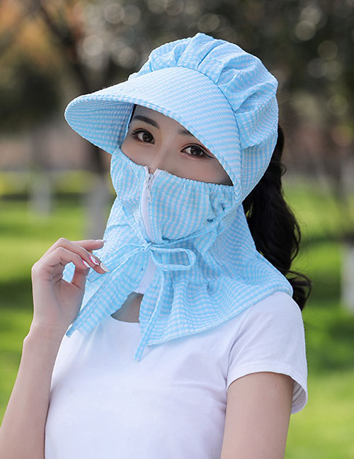 Fashion Blue Small Lattice Multifunctional Face And Neck Protection Integrated Sun Hat