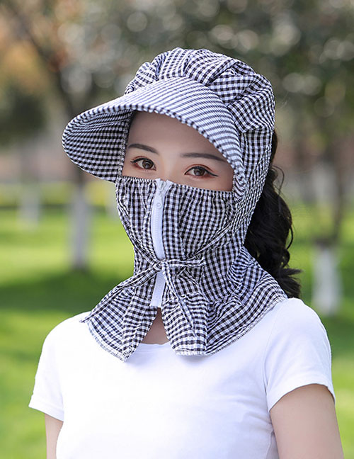 Fashion Black Small Lattice Multifunctional Face And Neck Protection Integrated Sun Hat