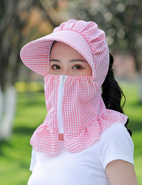 Fashion Pink Small Lattice Multifunctional Face And Neck Protection Integrated Sun Hat