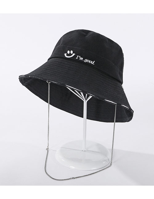 Fashion Black Smiley Embroidered Wide-brimmed Chain Fisherman Hat