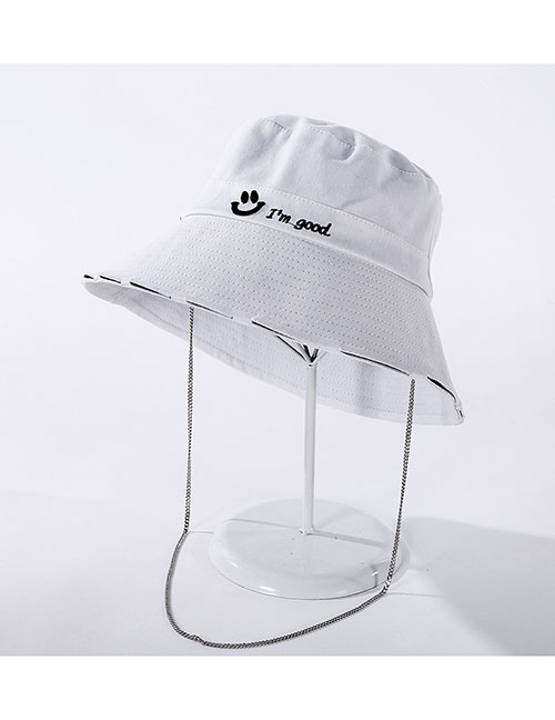 Fashion White Smiley Embroidered Wide-brimmed Chain Fisherman Hat
