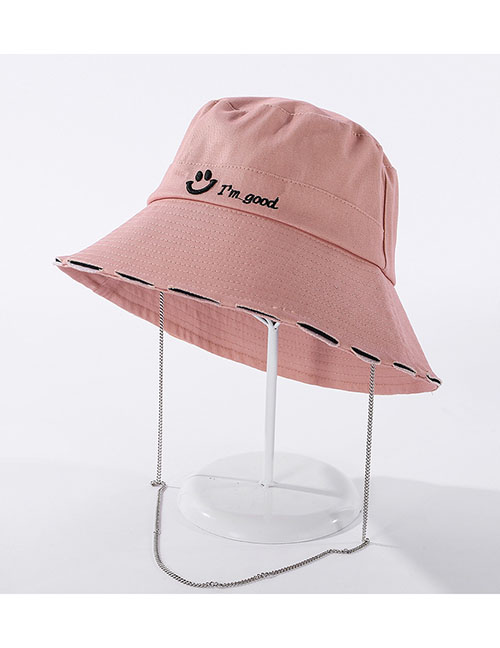 Fashion Pink Smiley Embroidered Wide-brimmed Chain Fisherman Hat