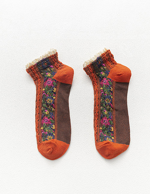Fashion Orange Lace Floral Stitching Cotton Socks
